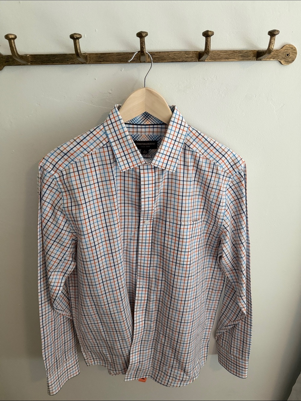 Johnston & Murphy Men's White Dress Shirt with Blue & Orange Windowpane